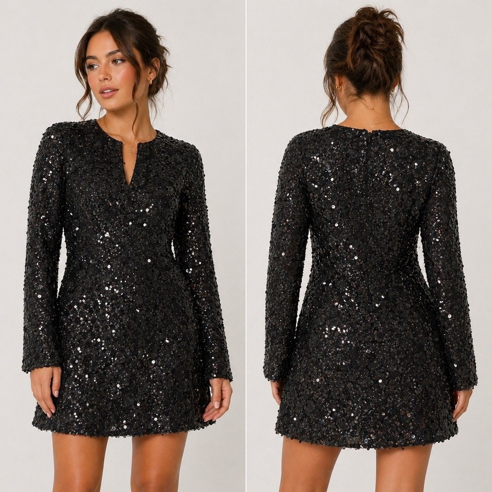 Abercrombie Sequin Mini Dress Black Long Sleeve V Neck Party Womens S - Picture 2 of 10